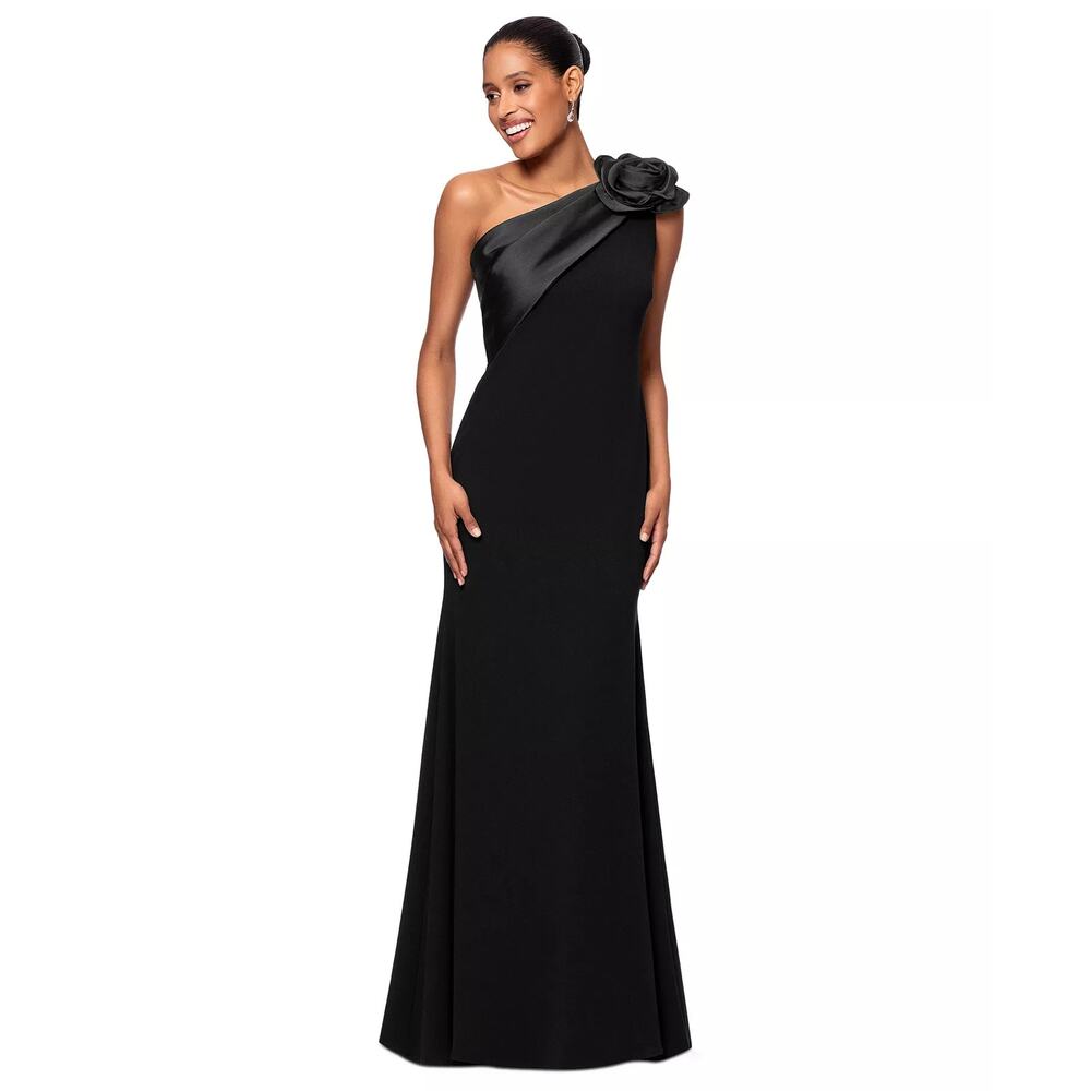 Betsy & Adam Women's One-Shoulder Rosette Trim Gown Black Size 10 NWT